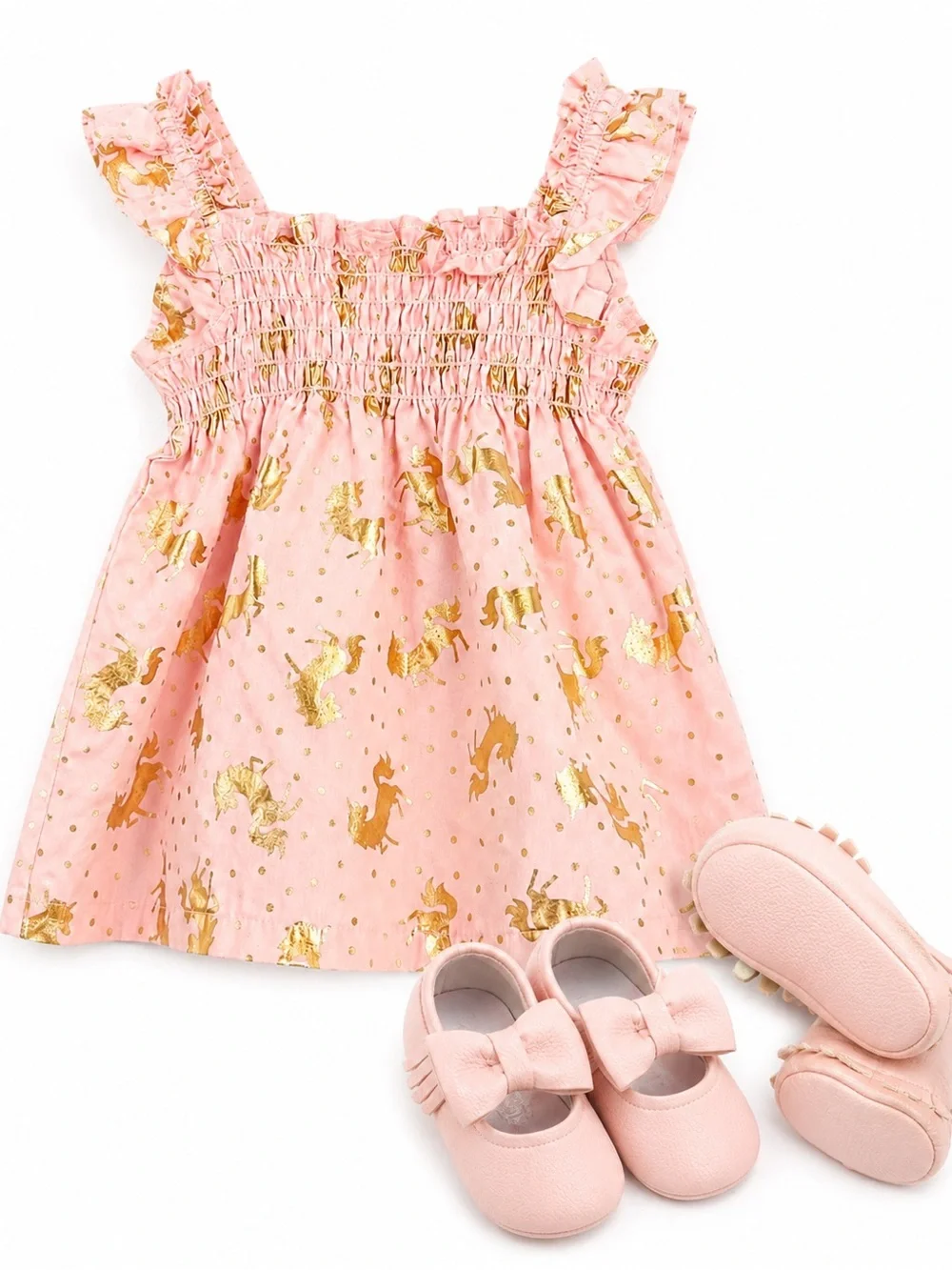 Pink Gold Unicorn Dress with Pink Bow Baby Shoes